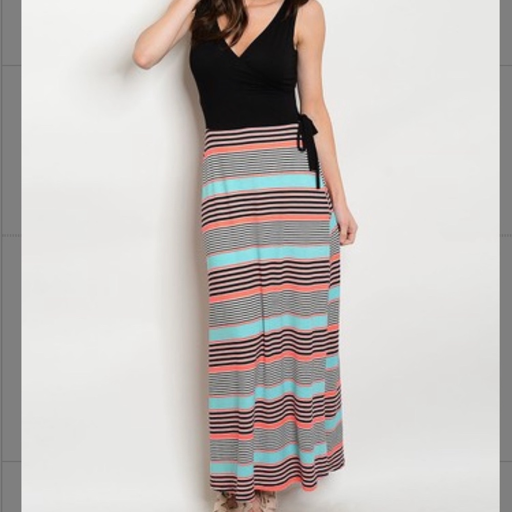Striped Maxi Wrap Dress - Black and Coral